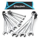 DURATECH 10-Piece Ratchet Combination Spanner Set, Fixed Head Open End Combination Wrench Set with Roll Pouch, Metric, 6-18mm, 12 Point, CR-V Steel