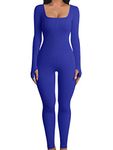 One Piece Jumpsuits for Women, Cute Long Sleeve Bodycon Sexy Jumpsuit, Unitard Full Bodysuit, Athletic Ribbed Workout Yoga Catsuit, Fitted Tight Tall Length Comfy Onesies Shapewear(Blue S)