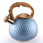 Tea Kettle, 3 Liter BELANKO Teapot Whistling Kettle with Wood Pattern Handle Loud Whistle, Food Grade Stainless Steel Tea Pot for Stovetops Induction Diamond Design Water Kettle - Royal Blue