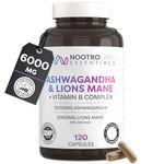Nootro Essentials Ashwagandha & Lion's Mane Capsules 6000mg, High Strength Mushroom Supplement for Focus, Calm & Stress Relief Support (60 Servings - 2 Capsules Daily, 2 Month Supply)