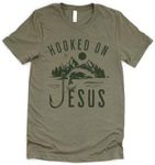 Love in Faith | Hooked on Jesus Short Sleeve | Christian T-Shirts for Men | Faith-Based Apparel | Christian Gifts (US, Alpha, XX-Large, Regular, Regular, Heather Olive)