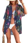 Women's Floral Print Puff Sleeve Kimono Cardigan Loose Cover Up Casual Blouse Tops, Colorful Blue Floral, Large