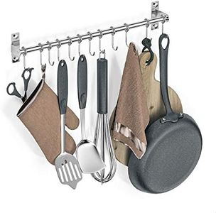 Booxihome Wall Mounted Utensil Rack, Stainless Steel Hanging Kitchen Rail with 12 Removable Hooks, Hanger Organizer for Utensil 50cm(20")