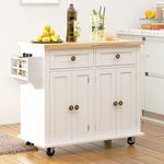 sogesfurniture Kitchen Island Cart on Wheels with 2 Drawers & 2 Double-Door Storage Cabinets, Rolling Kitchen Island with Spice Rack & Towel Holder, Rubberwood Kitchen Serving Cart, BHCA-10FZSRKI01WH