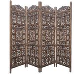 Benjara Classic 4 Panel Mango Wood Screen with Intricate Carvings, Brown