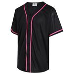 Pullonsy Blank Baseball Jersey for Men Women Full Button Up Short Sleeves Shirts Hip Hop Hipster Sports Uniforms, Hot Pink Stripe-black Jersey, Medium