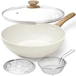 MICHELANGELO Wok Non Stick 30cm, Non Stick Wok with Lid, Woks 30cm with Frying Basket & Steam Rack Wok Set, Deep Frying Pan, Woks & Stir-Fry Pans, Cream White