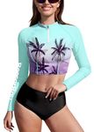 BesserBay Womens 1/4 Zip Flexible Rash Guard Long Sleeve UV Protection Floral Print Swimming Crop Top Green Coconut Palm M