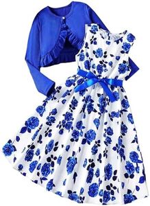 Floerns Girl's 2 Piece Outfit Floral Dress and Long Sleeve Ruffle Trim Jacket Blue and White 8Y