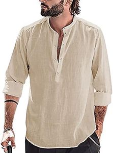 YAOBAOLE Mens Stand Collor Loose Fit Casual Beach Shirt Button Up Long Sleeve Cotton Linen Henley Shirt Khaki 3XL