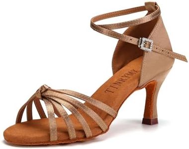 TINRYMX Women's Latin Dance Shoes Satin Ballroom Salsa Cha-cha Professional Practice Dance Shoes,EM217-Beige-2.75 Inch,7.5 US