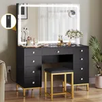 DWVO Black Vanity Desk with Large Mirror, Lights and Charging Station - Large Makeup Table Set with Magnifying Glass Drawers and 3 LED Light Modes