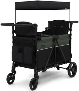 Jeep Aries Stroller Wagon by Delta Children Premium Wagon for 2 Kids with Convertible Seats, Adjustable Push/Pull Handles, Removable Canopy & Flat Fold - Greenguard Gold Certified, Black/Green