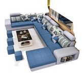 LUKRAIN Furniture Modern U Shape Sectional Sofa | Luxury 10 Seater Living Room Sofa Set | Without Centre Table Long Seat Sofa Set for Home & Office (Blue & Light Grey) Pack of 1 (Wood)