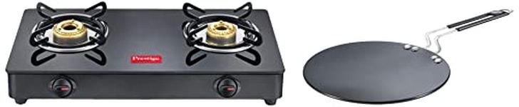 Prestige IRIS LPG Gas Stove, 2 Burner, Black, Powder coater Mild Steel with Glass Top, Manual & Hard Anodised Aluminium Plus Cookware Induction Base Roti Tawa, 22.5cm, Black