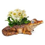 Alligator Decor Lawn Planter | Patio and Garden Decorations Outdoor Statues | Solar Yard Decor for Balcony, Deck or Lawn | Weather Resistant LED | Garden Present | Auto On/Off - (Brown)