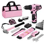 WORKPRO 12V Pink Cordless Drill Driver and Home Tool Kit, 61 Pieces Household Hand Tool Set for DIY, Home Maintenance, 14-inch Storage Bag Included