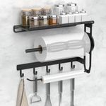 CLESOO Spice Rack with Paper Towel Holder Roll and Towel Holder & 5 Hooks, 4 in 1 Wall Mounted Spice Rack - Easy Tear Metal Kitchen Paper Holder with Two Fixing Tubes for Kitchen, Bathroom, Garage