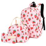 Yusudan Strawberry Girls School Backpack Set, Kids Teens School Bag Bookbag with Lunch Bag Pencil Bag