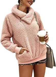 KIRUNDO Women's 2025 Winter Lapel Fuzzy Fleece Sweatshirt Faux Shearling Zipper Warm Sherpa Pullover Outwear with Pockets(Small,Pink)