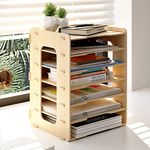 PUNCIA 7Tier Widthways Wood Office Paper Organizer for Desk Desktop File Holder Desk Letter Tray &A4 Paper Sorter Document Book Magazine Storage Shelf Rack Desk Organizer for Home Office Classroom