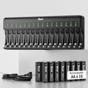 Bonai Rechargeable AA Batteries with Charger, 2800mAh High Capacity Pre-Charged Low Self-Discharge Leak Proof Double A Battery (16 Pack) & Smart Battery Charger with American AC Plug (16 Bay)