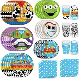 120pcs Toy Birthday Party Supplies Paper Plates Napkins Disposable Party Decorations Cups Tablecloth for Boys Girl Birthday Decor for 30 Guests