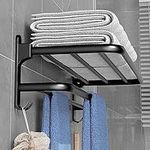 Foldable Towel Rack with Towel Bar Holder, Towel Shelf with Hooks, Rustproof Towel Storage Wall Mount for Bathroom Lavatory Matte Black (40CM)