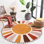 KIMODE Retro Sun Round Rugs Living Room 120cm, Non Slip Area Rugs for Bedroom Soft Machine Washable Rugs Living Room with Pom Poms Fringe Circle Entryway Rug for Bedroom Living Dining Room