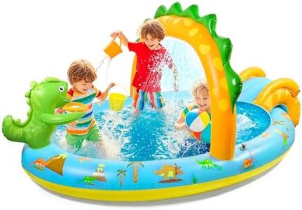 SULIFEEL Dinosaurs Inflatable Play Center Kiddie Pool with Slide and Sprinkler for Children, 8ft x 5ft x 9.5in Baby Pool for Backyard and Garden, Free Inflatable Pump