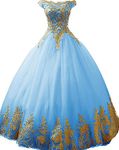 BessDress Gold Lace Appplique Quinceanera Dresses Long Sleeves Prom Ball Gown BD389, Sky Blue Style 3, 6