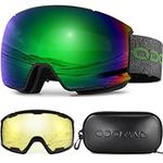 Odoland Ski Goggles Set with Magnetic Interchangeable Lens, Anti-Fog UV Protection Snow Goggles for Men and Women, Helmet Compatible, Black Frame Green Lens