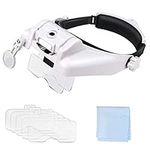 Powcan 3 LED Headband Magnifier Illuminated Hands Free Head Magnifying Glasses for Reading, Jewellery Loupe, Watch and Electronic Repair- 6 Detachable Lens 1.0X, 1.5X, 2.0X, 2.5X, 3.5X, 8X