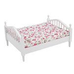 SPYMINNPOO Dolls Cot Miniature Dollhouse Bed, Wooden Furniture 1/12 Scale Dolls House Bed Doll Bedroom Set Double Barbie House, White Flower Pattern