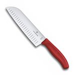 Victorinox Swiss Made Stainless Steel Swiss Classic Santoku Knife, Fluted Edge, Japanese Style Knife for Professional & Household Use, Red, 17 Cm | 6.8521.17B