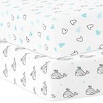 Cotton Baby Crib Fitted Bed Sheets for Cot | Organic Twill Fabric Baby Bedding for New Born, Infants, Toddlers | 55"x28" Pack of 2 | The White Cradle - Blue Whale and Hearts