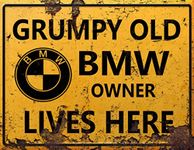 BigBazza Vintage Rustic Advertising Retro Wall Tin Plaque 20x15cm - Pub Shed Bar Man Cave Home Garage Kitchen Gift Metal Sign - Grumpy Old inspired BMW Owner Lives Here, yellow