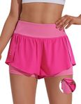 PINSPARK 2 in 1 Running Shorts for Women Athletic Shorts with Biker Shorts Underneath High Waisted for Workout Hot Pink S