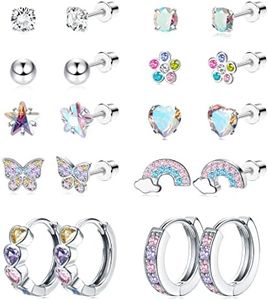 Sanfenly 10Pairs Small Earrings Set for Women Girls Stainless Steel Hypoallergenic Cute Stud Earrings and Hoop Earrings Set Butterfly Flower Zirconia Screw Back Pink Cartilage Earrings for Kids Baby