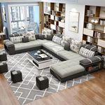 Torque - Bristol 9 Seater U Shape Sectional Fabric Sofa Set with 4 Puffy (Right Side, Light Grey) | Couch for Living Room | 3 Years Warranty