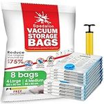 Vacuum Storage Bags - Pack of 8 (4 Large + 4 Medium) Reusable Space Savers with Free Hand Pump for Travel Packing - Best Seal Bags for Clothes, Comforters, Pillows, Curtains, Blankets