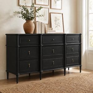 STO'SENSE 63" Wide 9 Drawer Dresser w/Charging Station, Long Wood Double Dresser with Framed Drawer Fronts, Vintage Metal Handles and Solid Wood Tapered Legs,Bedroom Storage Chest and TV Stand,Black