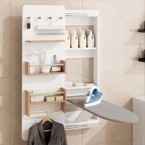 Kikihouse Wall Mounted Ironing Board Cabinet with Storage (White) | Foldable Wall Ironing Board, Sliding Door, Space Saving Ironing Station, for Laundry Room Living Room Entrance