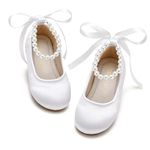 PHIRAMIN Toddler Flower Girl Satin White Dress Shoes - Little Girl Ballet Flats Size 12 Pearl Wedding Party