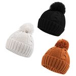 Zsedrut Baby Girls Winter Hat Infant Twist Beanie Cold Weather Warm Pompom Hat (White+Black+Caramel, 0-6 Months)