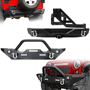 LEDKINGDOMUS Front& Rear Bumper with Tire Carrier Compatible with 07-18 Jeep Wrangler JK & Unlimited Rock Crawler Front Bumper with 4X LED Lights w/Winch Plate and D-rings