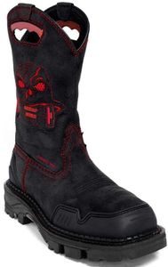 Western Boots for Men Square Toe Cowboy Boots Embroidered with Fur Skeleton Men's Western Work Combat Boot Retro Cowboy Mid Calf Boots Printed Pull On Stacked Low Heel PU Leather Shoes