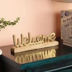 PURESTORY Welcome Sign Decor | Decorative Items for Home Living Room | Metal Word Sign with Wooden Base | Gift Items for Home Decoration | Decoration for Library |Tabletop for Gallery & Office- Gold