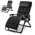 Spurgehom Padded Zero Gravity Chair, Folding Portable Reclining Lawn Chair, Patio Recliner Lounge Chaise with Detachable Cushion,Cup Holder,Headrest for Outdoor/Indoor,Support to 500lbs, Black Cushion