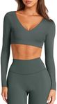 LASLULU Womens Long Sleeve Double Lined Tops Sexy V Neck Compression Shirts Tight Athletic Workout Shirts Yoga Gym Bra Tops Crop Tops for Teens(Forest Green Large)